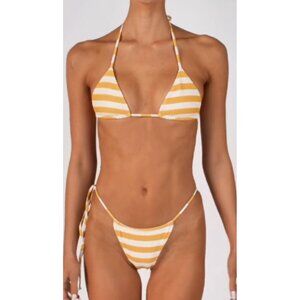 SAME LOS ANGELES Set 2pc Bikiny Swim Top Large Bottom High Weist Stripeed Yellow